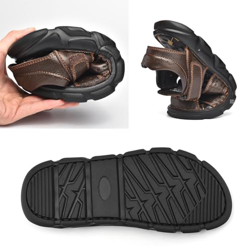 Men's Hollow Hand-Stitched Leather Flat Walking Sandals Comfortable Breathable Closed Toe Non-Slip Adjustable Hook-and-Loop Beach Sandals, Summer Fisherman Beach Shoes3