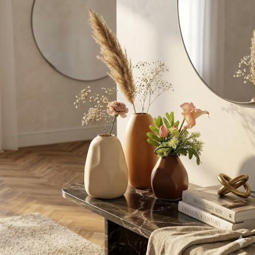 Image of KREATIVE ART'S Handmade Ceramic Bud Vase Set of 3 for Pampas Grass & Dried Flowers - Matte Minimalist Vases for Living Room, Dining Table, Office Decor | Housewarming Gift, Cream /Terracotta /Brown