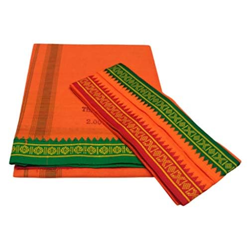 Men's Thalapathi Boarder 2.00 Mts (Apx) Single Dhoti + Angavastam Towel Set Green Maroon Border (Pack of 2 Piece) Orange Colour-image-8