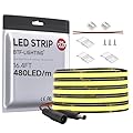BTF-LIGHTING FCOB COB LED Strip 480LED/m Flexible High Density Uniform Light 9W/m 16.4FT DC24V Warm White 2700K CRI 90+ 8mm Width LED Ribbon for Indoor Decor(No Adapter or Controller)
