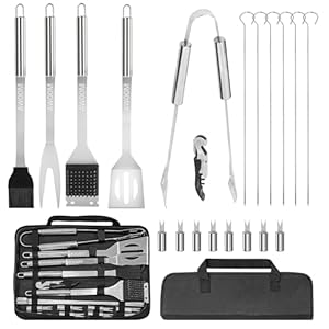 AWOOM 20 Stücke BBQ Grillbesteck Set aus Premium Edelstahl | Grillzubehör mit Grillzange, Wender, Bürste & Spießen | Grillset mit Grillkoffer und Korkenzieher für Männer, Garten Camping & Grillpartys