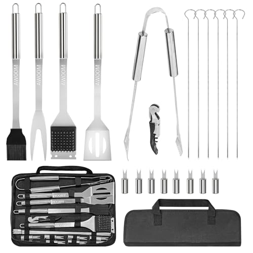 AWOOM 20 Stücke BBQ Grillbesteck Set aus Premium Edelstahl | Grillzubehör mit Grillzange, Wender, Bürste & Spießen | Grillset mit Grillkoffer und Korkenzieher für Männer, Garten Camping & Grillpartys