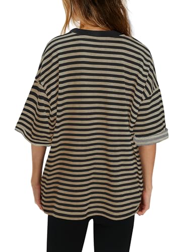 Panadila Womens Striped Short Sleeve Tunic Tops Oversized Crewneck T Shirt Casual Loose Fit Color Block Sweatshirt4