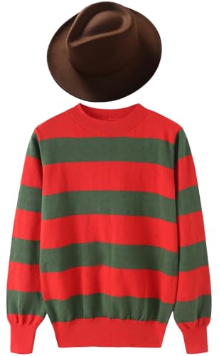 eforpretty Mens Halloween Costume 2025 Knitted Sweater with Brown Hat and Leather Glove Set,M