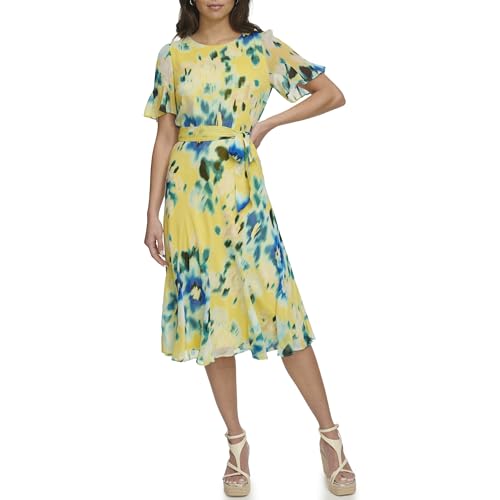 Image of DKNY Women's Flutter Sleeve Round Neck Waist Tie Midi Dress