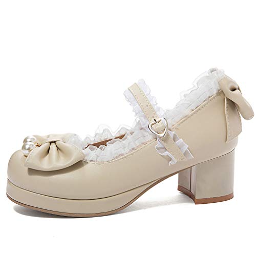 Image of LUXMAX Women Kawaii Mid Block Heel Mary Jane Rockabilly Pumps with Bow Platform Chunky Heel Cute Sweet Shoes