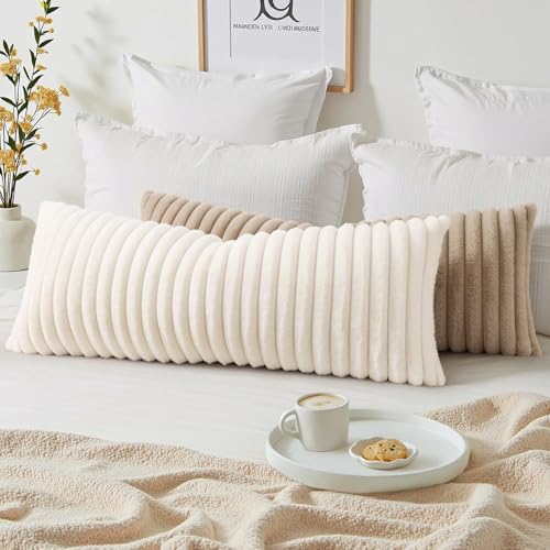 Image of decorUhome Fall Cozy Faux Fur Throw Pillow Covers 14x36 Pack of 1 Decorative Soft Plush Striped Lumbar Modern Farmhouse Boho Couch Pillow Cases with Velvet Back for Sofa Bed Living Room, Khaki Brown