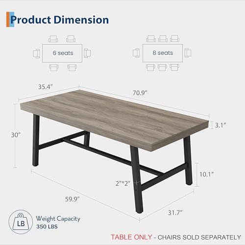 Image of GarveeHome Industrial Dining Table for 6-8 People, 70.87 inch Long Kitchen Table with Sturdy Metal Frame, Rectangular Counter for Dinner, Kitchen, Dining Room (Grey Walnut, 71 inch Non-extendable)