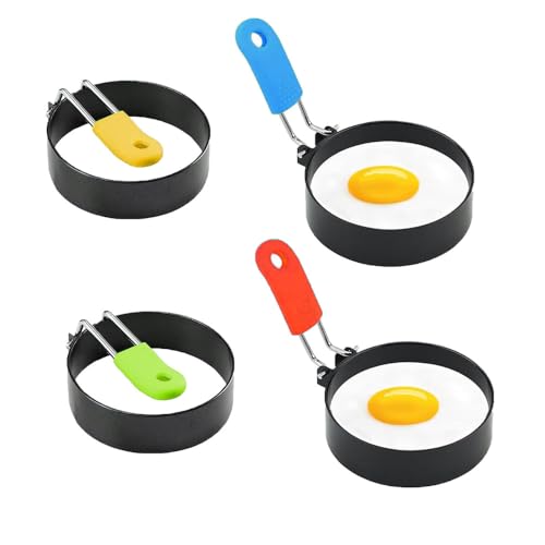 4 Pcs Egg Rings - Round Egg Non-Stick Fried Mould Anti-Scald Folding Handle Stainless Steel Fried Eggs Pancake Mini Burger Patty for Household Kitchen Cooking Frying(Multicolor)