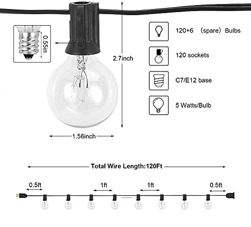 Outdoor String Lights 120Ft,G40 126 Edison Bulbs(6 Spare) Globe Patio Lights Ul Listed Waterproof Hanging String Lights For Porch Backyard Bistro Garden Indoor Decor,Commercial Grade,E12 Socket #TOP5