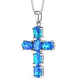 PEORA Created Blue Opal Cross Pendant Necklace for Women 925 Sterling Silver, 3 Carats total Oval Shape, with 18 inch Chain, October Birthstone Necklace, Fire Opal Necklace, w/Jewelry Box