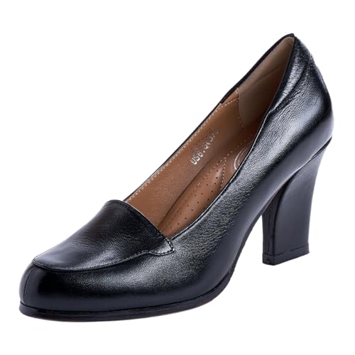 Mona flying Women's Leather Closed Round Toe Chunky High Heel Pumps Formal Court Shoes Office Work Dress Shoes for Ladies