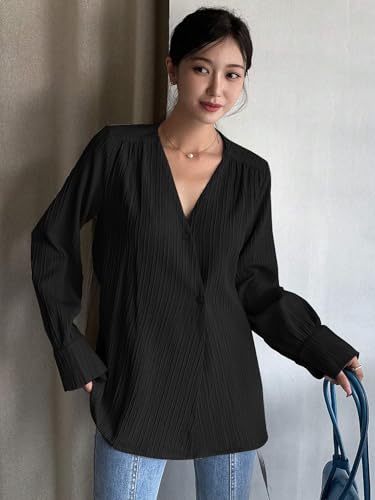 Image of Leriya Fashion Women's V-Neck Pleated Tunic Top - Long Sleeve Drawstring Waist Summer Blouse, Lightweight Casual Shirt for Office, Travel, Daily