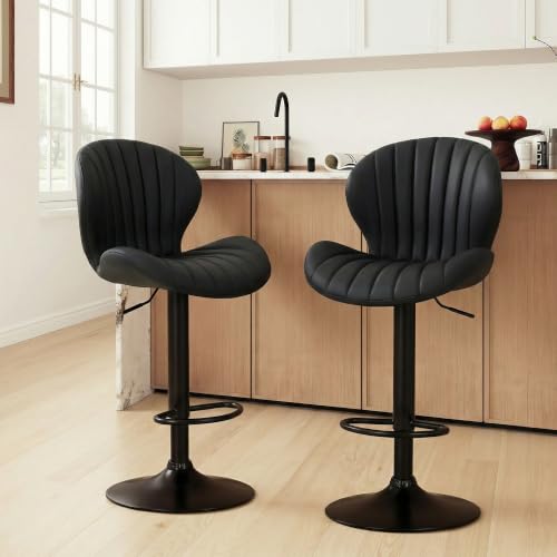 Image of MALOL Breakfast Bar Stools Set of 2, Modern Swivel Kitchen Bar Chairs, Adjustable PU Leather Upholstered Barstools Counter Height with High Backrest for Kitchen Island, Dining Room, Black