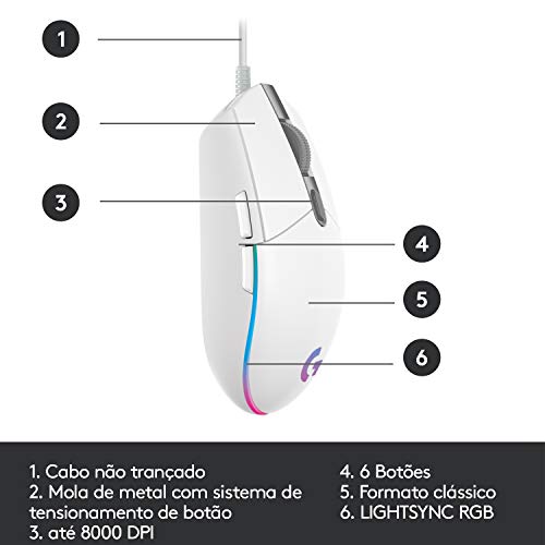 Mouse Gamer Logitech G203 LIGHTSYNC RGB, Efeito de Ondas de Cores, 6 Botões Programáveis e Até 8.000