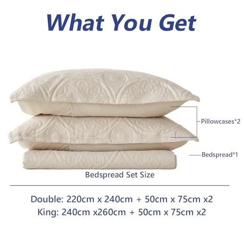 Simple&Opulence Quilted Bedspreads Double Size-3 Pcs Soft Reversible Microfiber Bed Spread Coverlet,Floral Embossed Bed Throw Set with 2 Pillowcases for Bedroom Decor,220x240cm,Beige - Cosy Home Interiors Simple&Opulence Quilted Bedspreads Double Size-3 Pcs Soft Reversible Microfiber Bed Spread Coverlet,Floral Embossed Bed Throw Set with 2 Pillowcases for Bedroom Decor,220x240cm,Beige - Image 6