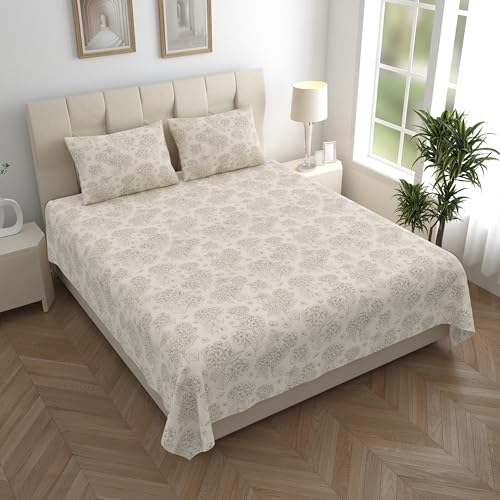 LINENWALAS 100% Cotton King Bed Sheet for King Size Bed, Premium Printed Bedsheet (108 x 108 Inches) with 2 Pillow Covers | 210 TC Soft, Breathable, Luxury Bedsheet (Beige Flowers)