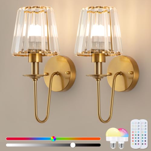 Image of EIDISUNY Battery Operated Wall Sconces Set of 2, Wireless Crystal Wall Sconces with RGB Dimmable Bulbs, Rechargeable Wall Sconce with Remote for Bedroom, Living Room(Gold)