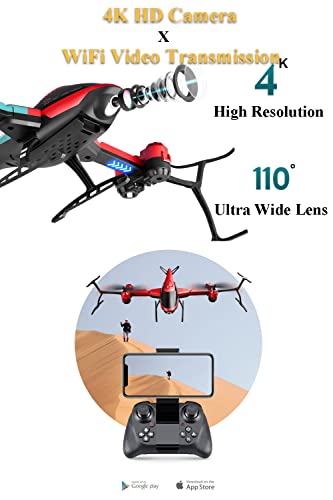 Nextake Remote Control Drone, Foldable Rc Aircraft 2 Motors Rc Fighter 6 Channel Rc Plane 2.4Ghz Rc Helicopter Uav For Beginner With 4K Hd Camera, Modular Battery (Red-With 4K Hd Camera) #TOP3