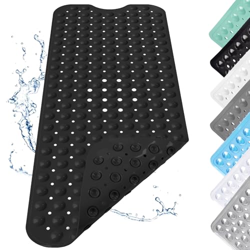 Alfombra de Ducha Antideslizante, 100x40cm con Ventosas, Extra Larga Alfombrilla Antideslizante Bañera, Alfombrilla de Ducha con Agujeros de Desagüe, Para Ducha, Bañera, Negro
