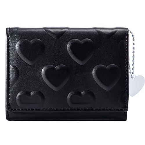 Womens Wallet Small Trifold Slim Leather Cute Wallet Cash Pocket with Heart chain Coin Purse ID Window Card Holder for Girls and Ladies (Black)