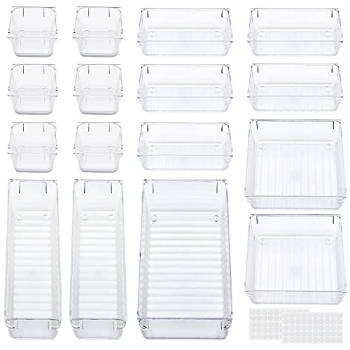 TOWINGO Organizer Cassetti Scrivania 16 Pezzi, Organizzatore Trucchi in 4 Dimensioni Trasparenti, Divisori Cassetti per Cosmetici, Bagno, Cucina, Gadget e Accessori per Ufficio
