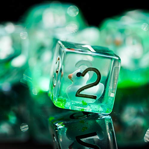 Image of cusdie 7-Die DND Dice, Polyhedral Dice Set Filled with Duck, for Role Playing Game Dungeons and Dragons D&D Dice MTG Pathfinder (Green with Blue Duck)