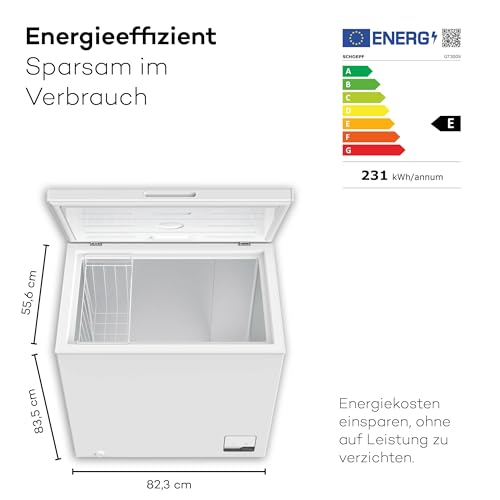 SCHOEPF – GT200S Gefriertruhe 199 L – Weiß – 83,5 x 82,3 x 55,6 cm – Energieklasse E – Schnellgefrieren – 39 dB – 200 kWh/Jahr – 4-Sterne-Kennzeichnung – Freistehend