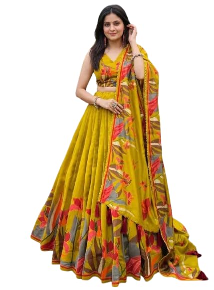 Lehenga Choli with Dupatta, Cream and Mustard Yellow, Bandhani Print-picture-19