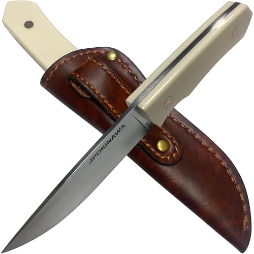 21cm【Noble ivory-colored handle】Fixed Blade knife - FullTang 58HRC High carbon steel【Mirror polishing Blade】With cowhide scabbard