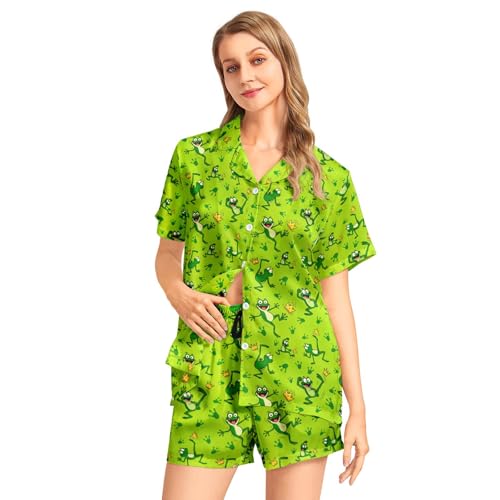 Image of Funny Pajamas for Women Set Print Satin Loungewear Pjs Short Sleeve Button Down Top and Shorts Sets Sleepwear XS-3XL