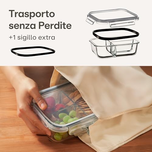 Praknu Meal Prep Contenitori con 3 Scomparti - 2 Pezzi Contenitori in Vetro Ermetici per Alimenti 1000ml - Per Microonde, Lavastoviglie, Forno - immagine 4
