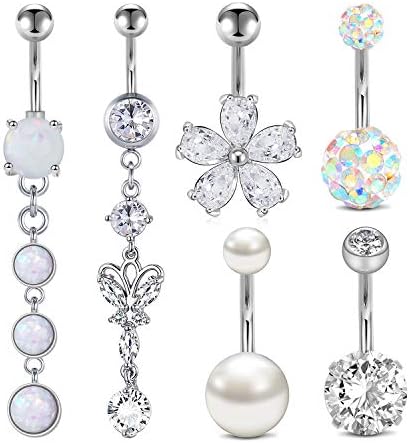 FECTAS 14g Belly Button Rings Dangle Surgical Steel CZ Navel Ring Barbell for Women Girls Body Piercing Jewelry Rose Gold Silver