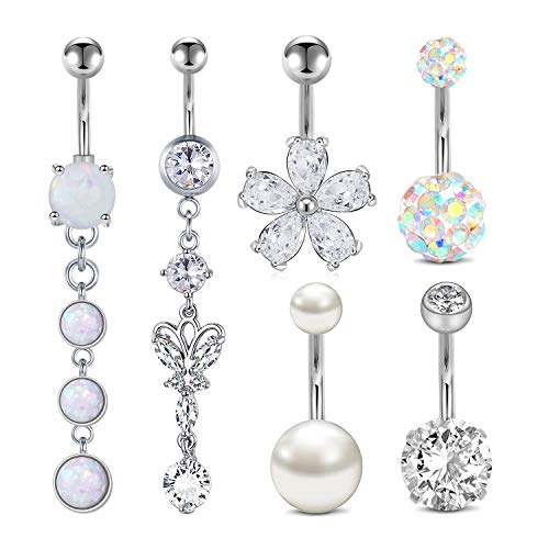 Fectas 14G Belly Button Rings Dangle Surgical Steel Cz Navel Ring Barbell For Women Girls Body Piercing Jewelry Rose Gold Silver #TOP1