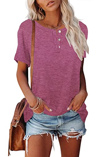 Apofer Women's Casual Short Sleeve T-Shirts Crew Neck Tunic Basic Summer Tops Henry Shirt A-Pink #TOP1