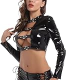 Womens Wet Look PU Leather Long Sleeves Hollow Out Front with Buckles Crop Top Clubwear XXL
