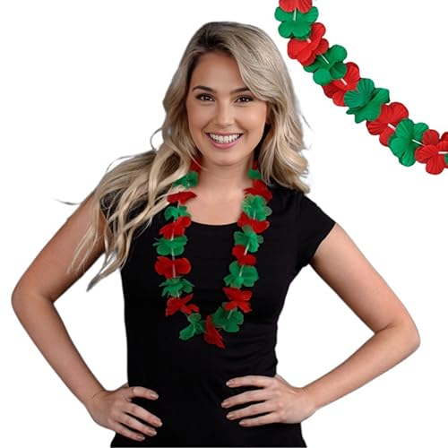 Hawaiian Christmas Flower Lei Necklace Set of 3 – 36" Red & Green Non-Light Up Floral Leis for Holiday Parties & Winter Luaus4