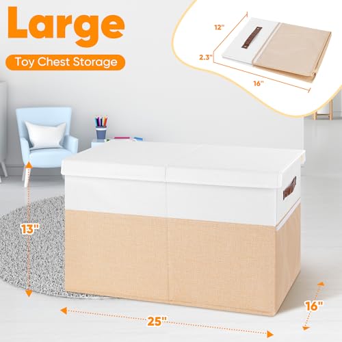 Large Toy Storage Box, Collapsible Sturdy Storage Chest With Lids, Kids Toy Storage Organizer Toddler Bin Boxes, 25\"x13\"x16\" Toy Chest Box Bin Baskets for Living Room, Bedroom, Nursery, Beige & White