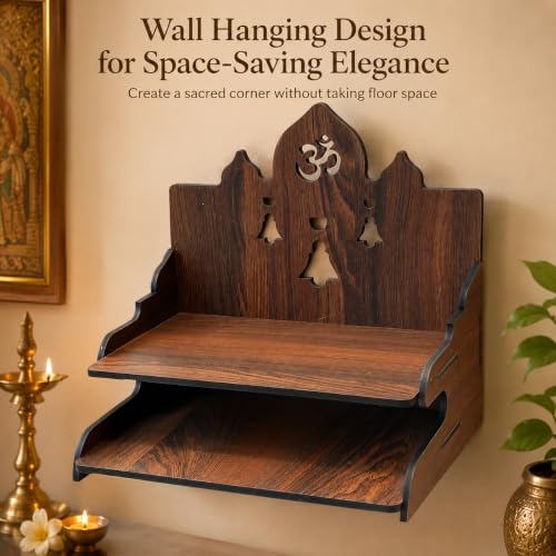 Image of The Castle Decor Wooden Mandir for Home, Wall Hanging & Tabletop Pooja Temple with 2-Tier Storage Shelf, Om & Bell Cutwork, MDF Mandir for Pooja Room, Office & Hostel, 11 x 11 x 10 Inch (Design-4)