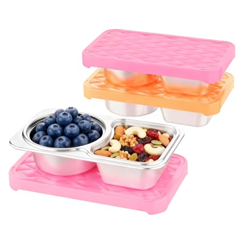 Image of Stainless Steel Snack Containers, 2 Compartment Leak-Proof Snack Containers with Sillicone Lids, Reusable small Food Storage Containers for School,Travel, Outdoor, Camping,office (2)