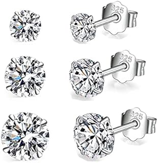 3 Pairs Solid 925 Sterling Silver Stud Earrings for Women Men Girls, Hypoallergenic Silver Cubic Zirconia CZ Stud Earrings Small Simulated Diamond Earrings, TINY Size: 2,3,4,5,6mm
