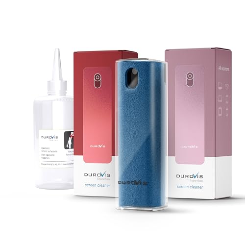 Durovis Essentials Lot de 3 nettoyants d'écran avec chiffon en microfibre et 50 ml de nettoyant pour vitres sans alcool pour voiture/smartphone/ordinateur portable/tablette (rouge, bleu, rose)