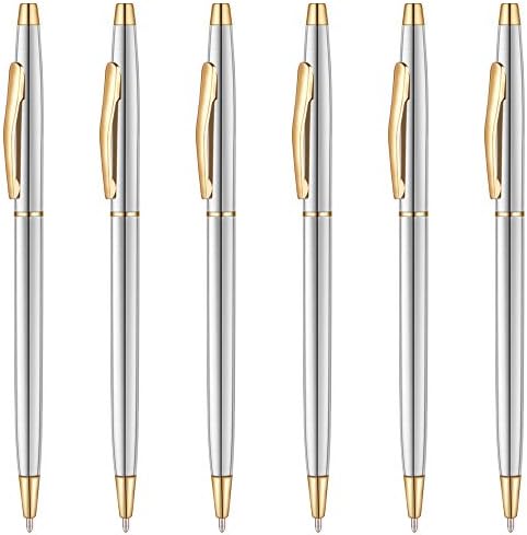 Unibene 6 Pack Steel & Gold Stainless Steel Ballpoint Pens Black Ink Medium Point, Slim Metallic Retractable Twist Pens Nice Gift for Business Office Students Teachers Wedding Christmas