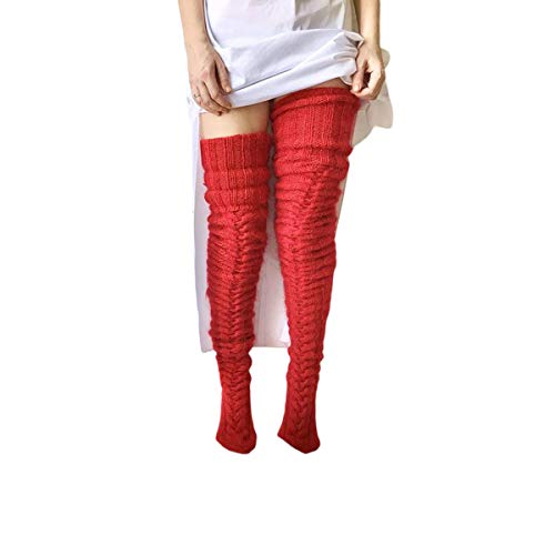Women Girls Cable Knit Extra Long Boot Socks Over Knee Thigh High Warm Stocking Leg Warmers (Red, One size)