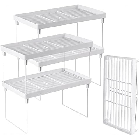 NiHome 4-Pack Stackable Plastic Kitchen Storage Shelf Foldable Rack - White Kitchen Cabinet Organizer and Storage Shelves Stackable Expandable Storage Racks for Counter Cabinet Pantry Cover