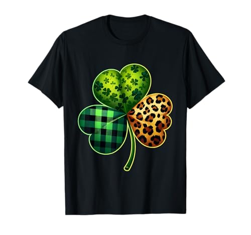 Lucky Shamrock Leopard Plaid Clover Día de San Patricio Mujer Camiseta
