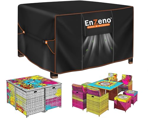 Enzeno Pokrowiec na meble ogrodowe, wodoodporny, z otworami wentylacyjnymi, tkanina Oxford 420D, pokrowiec na stół ogrodowy, zestaw mebli ogrodowych, prostokątny, 150 x 150 x 74 cm