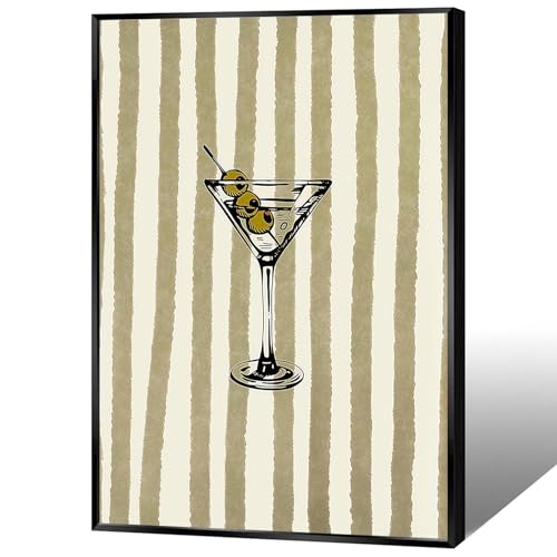 Retro Funky Cocktail Canvas Wall Art Martini Olive Green Stripes