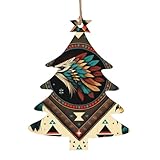 Christmas Tree Shape Christmas Tree Hanging Wooden Ornaments 6 Pieces Xmas Decorations, Southwestern Feather Geometric Native American