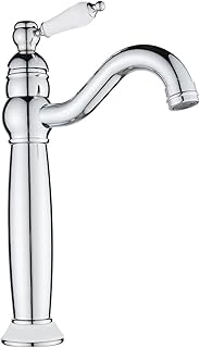 Maynosi Bathroom Basin Mixer Taps, High Rise Basin Tap for Countertop Basin, Traditional Tall Faucet with Ceramic Lever, Cloakroom Classic Tap, 360° Swivel Spout, Retro Style, Brass, Polished Chrome